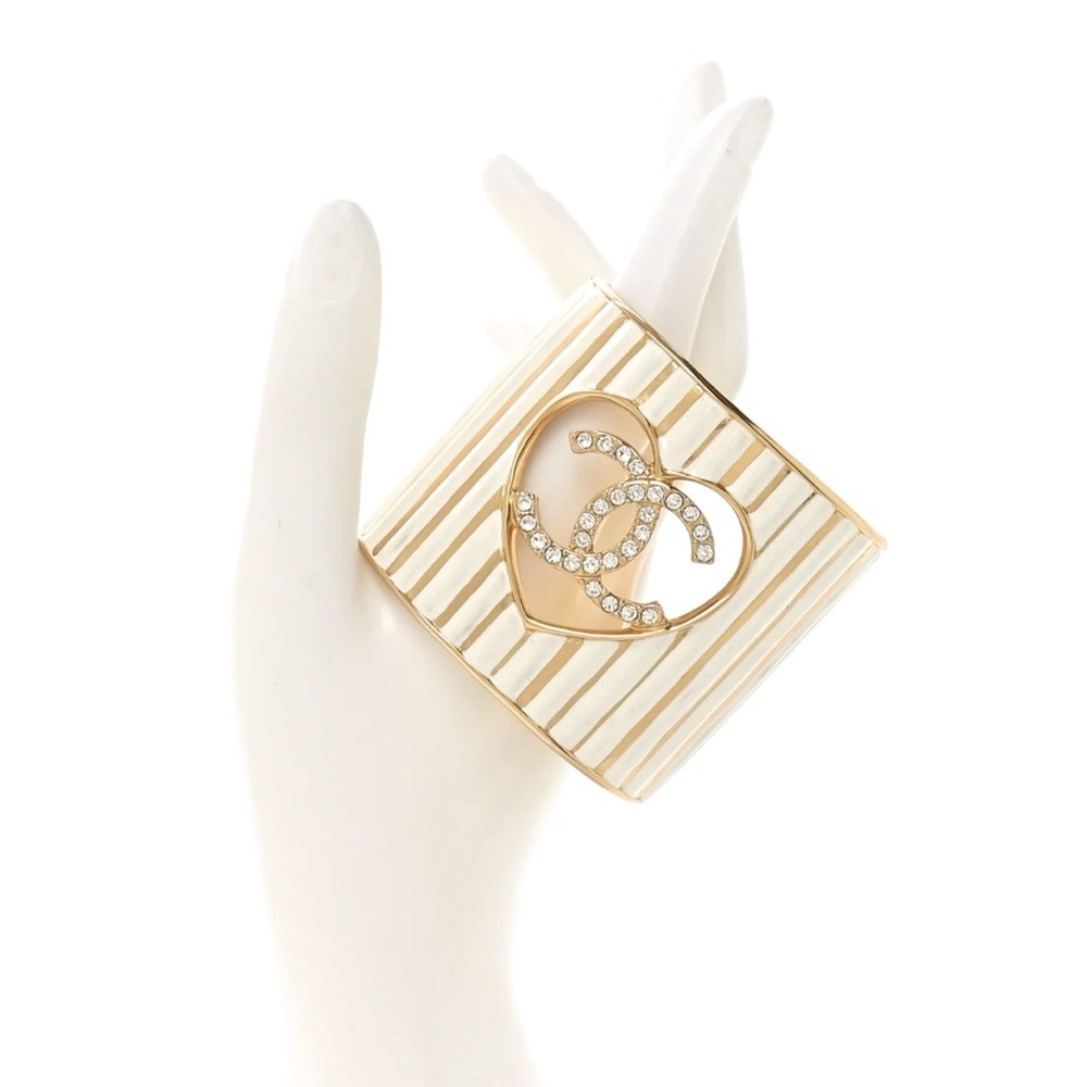 RARE Chanel Crystal Heart CC Cuff Bracelet S Gold White -Sold Out -Authentic